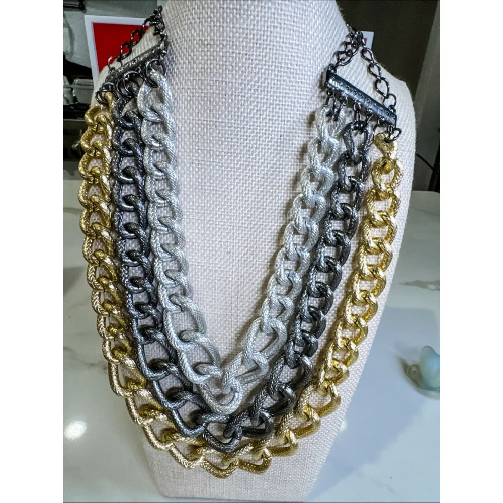 Bright, Gold, Silver, Black Triple Chain, 22 Inches - Picture 6 of 7